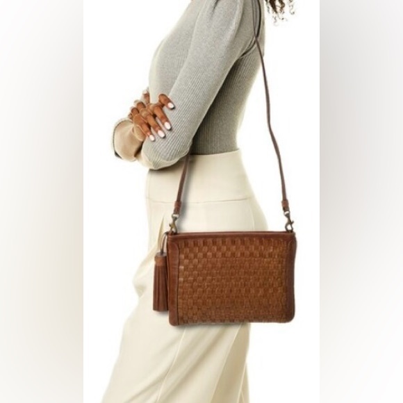 Frye Handbags - Frye Women's Oriana Woven Leather Clutch Crossbody Shoulder Bag Purse Cognac NWT